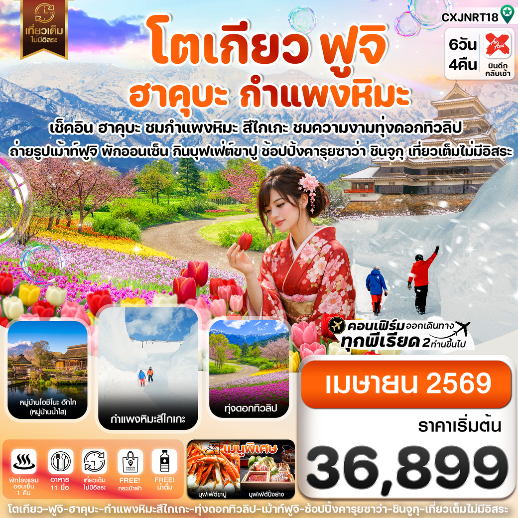 ทัวร์ญี่ปุ่น โตเกียว ฮาคุบะ สึไกเกะกำแพงหิมะ ทิวลิป เที่ยวเต็มไม่มีอิสระ 6วัน 4คืน  (XJ)